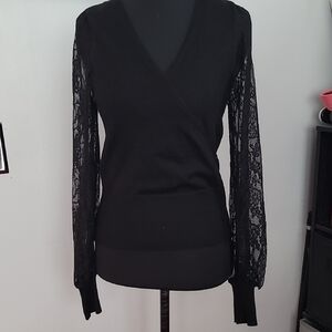 Madden Girl Black Knit Sweater With Lace Sleeves